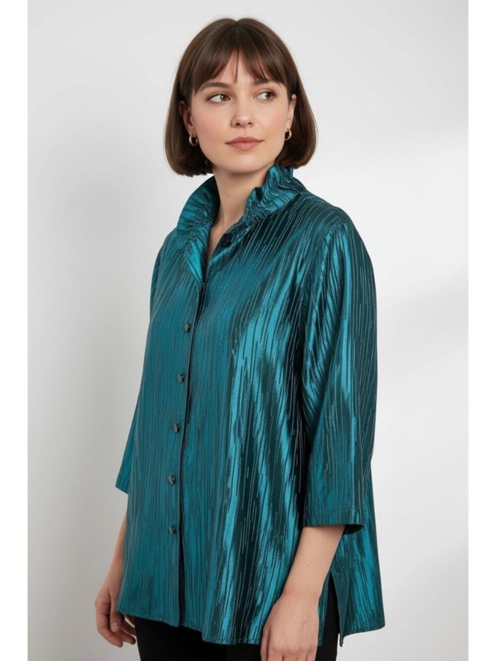Caroline Rose Teal Iridescent Taffeta Top Ruffle Collar Button Front 2X